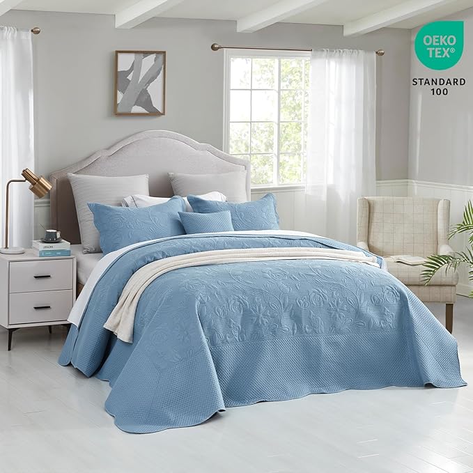 CHIXIN Bedspread Coverlet Set Queen Size - Lightweight Bedding Cover - Ultrasonic Quilting - 5 Piece Reversible Bedspread - Vintage Rose Pattern (Queen, Ashley Blue)