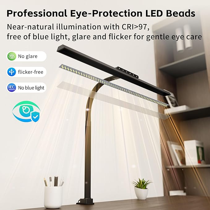 Desk Lamp with Clamp, LED Eye-Caring Clip on Desk Lights for Home Office, Tall Touch Control Dimmable Computer Light with Color Changing, 24W Brightest Architect Desktop Lamp for Screen, Black