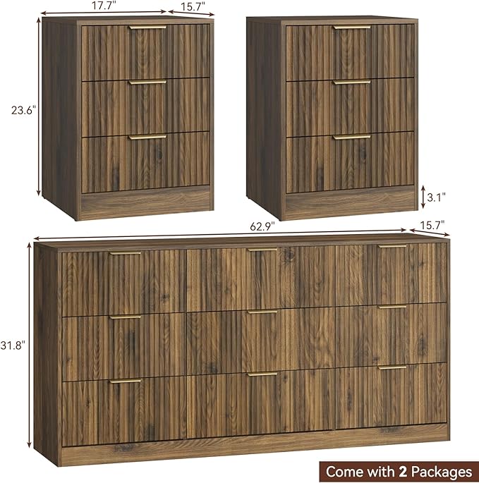 Walnut Dresser & 3 Drawer Nightstand Set 3-Piece, 63” Long 9 Drawer Dresser and Night Stand Set of 2, Fluted Modern Wood Chest of Drawers Storage Dressers Set for Bedroom, Walnut