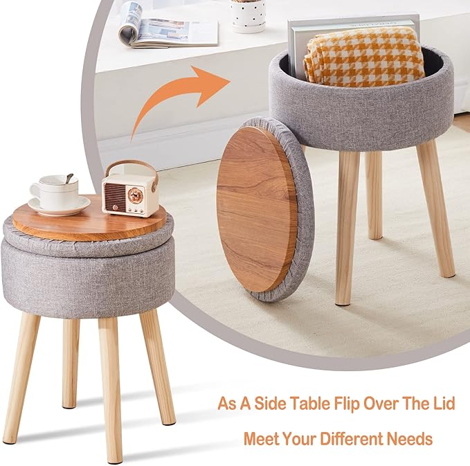 Mxfurhawa Storage Ottoman Linen Round Vanity Stool Tray Top Modern Foot Stool with Wood Legs Multifunctional Upholstered Foot Ottoman Rest for Living Room, Bathroom, Makeup (Grey)