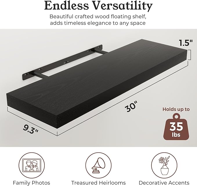 Floating Shelves for Wall, 9.3" Deep Wall Mounted Wood Shelves for Bathroom, Bedroom, Living Room, Kitchen, Hanging Shelf for Books/Storage/Room Decor (Black, 30")