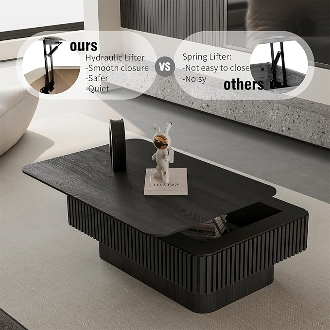 LKTART Lift Top Coffee Table for Living Room, Accent Fluted Coffee Table with Storage, Modern Solid Wood Veneered Rectangle Center Tea Table for Small Space Apartment (38.6''L×14''H-Black)