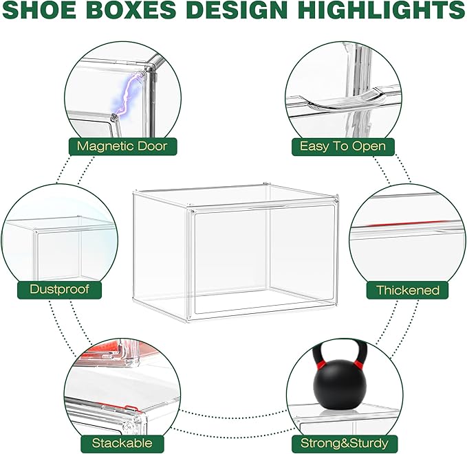 12 Pack X-Large Acrylic Display Case, Size 14 Clear Shoe Box Stackable Sneaker Display Case with Magnetic Lid Multipurpose Storage Bin for Closet for Purses, Handbags, Cosmetics, Collectibles