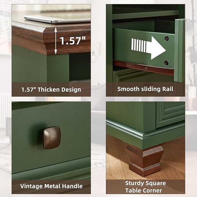 SAVOR LIFE Farmhouse Nightstand Set of 2 with Charging Station, Rustic Green Nightstand,2 Drawers End Table for Living Room,Bedside Table with Open Shelf for Bed Room,Green