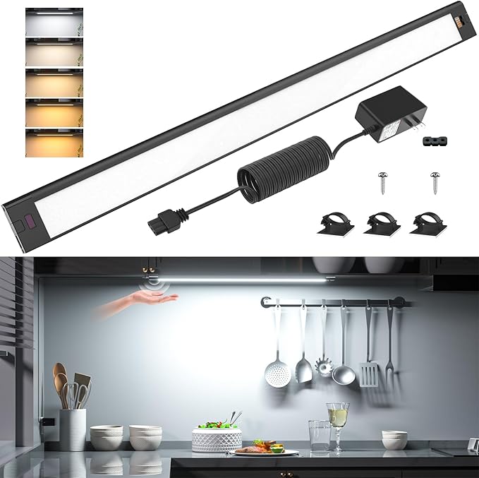 WOBANE Under Cabinet Lighting,Dimmable Counter Lights for Kitchen with 5 Color,Wireless Hand Wave Activated,Plug in LED Light Bar for Kitchen,Shelf,Pantry,Workbench,16.5 inch,800LM,Black