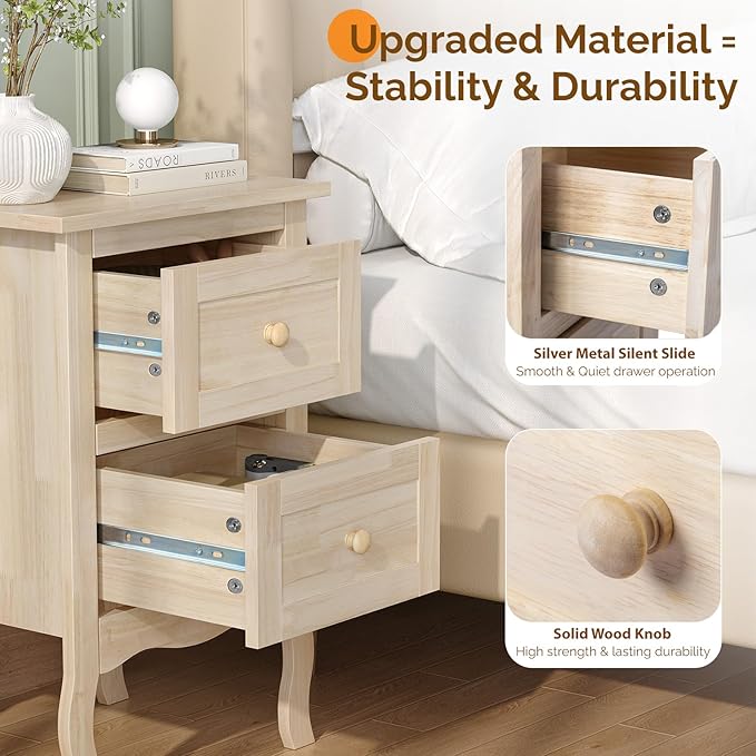 Bonnlo Solid Wood Nightstand Unfinished for Color DIY, Small Night Stand for Bedroom, Natural Wood Nightstand with Drawers, Light Wood Nightstand, Real Wooden Bed Side Table/End Table