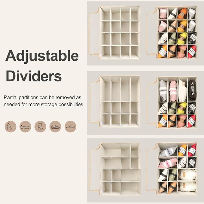 Shoe Organizer for Closet, Foldable Shoe Box with Adjustable Dividers and Clear Cover, Space Saving Shoe Storage Organizer Cabinet with Reinforced Handles, Fits 16 Pairs TP09J