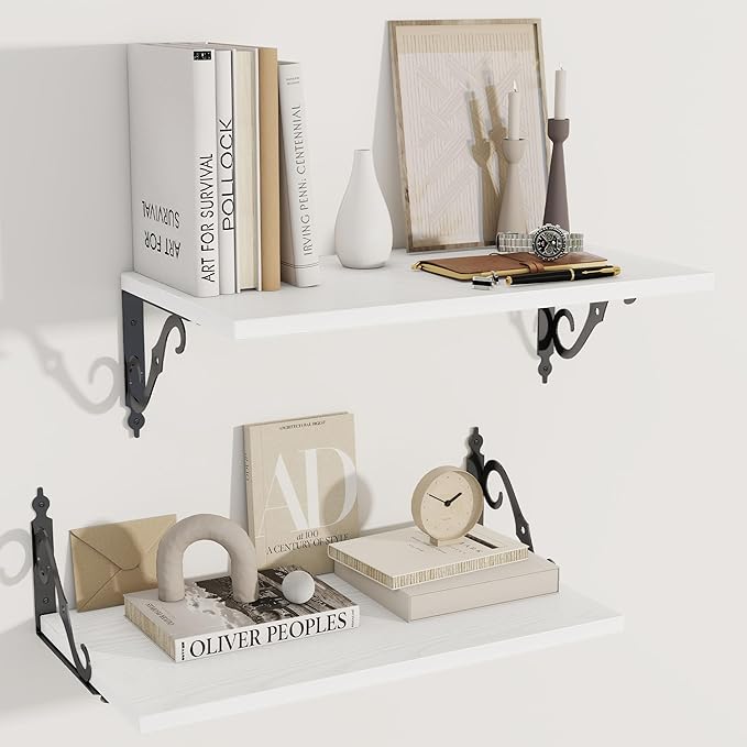 Dreamland Deep Floating Shelves, 24" W x 12" D Wall Shelves Set of 2, Wide Display Shelf Wall Mounted with Brackets, Bookshelf for Living Room, Bathroom, Bedroom, White