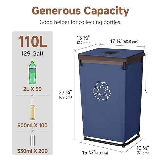 StorageWorks Recycling Bin with Lid, 29Gal Large Recycling Bin for Kitchen, Indoor Recycling Bins with 2 Reusable Washable Bags for Bottles and Cans, Steel Frame Fabric Sorter, 110L, Blue