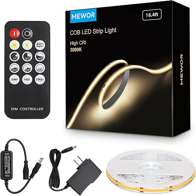 COB LED Strip Light with Remote, 16.4ft, 3000K Dimmable, Warm White LED Lights for Mirror, Under Bed, Stair, Cabinet, TV Backlight, Cuttable LED Light Strip