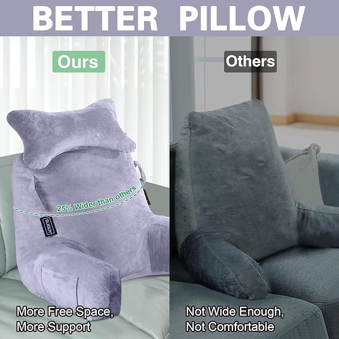 SLIGUY Reading Pillow-Bed Rest Pillow with Detachable Neck Roll & Support Arm for Sitting in Bed Couch or Floor-Backrest Reading Pillow Adult Back Pillow for Reading/Watching TV/Gaming/Relaxing,Grey