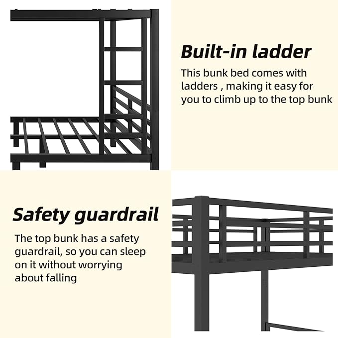 Full Over Full Bunk Bed Frame, Heavy Duty Metal Loft Bed for Adults/Teens, 350/500LB Capacity w/Ladder & Guardrail, Noise-Free Steel Slats, No Box Spring Required, Black