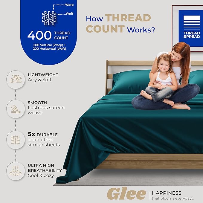 THREAD SPREAD 100% Cotton Split King Sheets for Adjustable Bed - 400 Thread Count 5 PC Sateen Split Sheet Set, Soft, Breathable Cooling Cotton Sheets, 16" Deep Pocket Split King Bed Sheet (Teal)