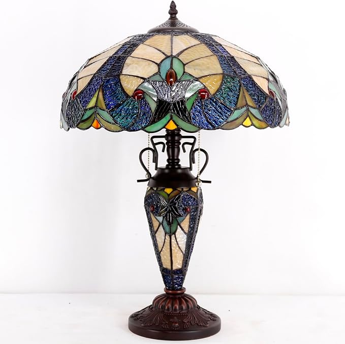 WERFACTORY Tiffany Lamp Yellow Stained Glass Liaison Mather-Daughter Vase Table Lamp 16X16X24 Inch Antique Desk Reading Light Decor Bedroom Living Room Home Office S160E Series