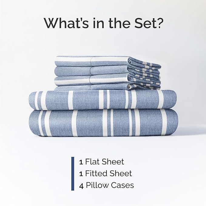 Cal King 6 Piece Sheet Set - Cooling & Breathable - Hotel Luxury Bedding, Includes Fitted Sheet for Women, Men, Kids & Teens - 1 Flat, 1 Fitted Sheet, 4 Pillowcases with Deep Pockets - Blue Stripes