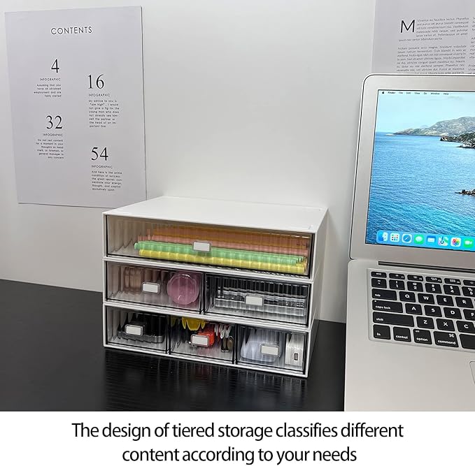 Desk Drawer Organizer, Stackable Plastic Storage Drawer, Grocery Organizer For Stationery/Office Supplies (Blue, 3 Compartment)