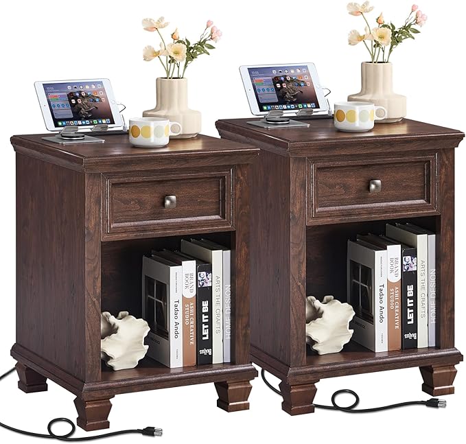 SAVOR LIFE Farmhouse End Tables Living Room Set of 2, Rustic Wood Nightstand with 1 Drawer, Brown Bedside Table with Open Shelf for Bed Room, Side Tables for Living Room, Walnut
