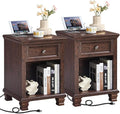 SAVOR LIFE Farmhouse End Tables Living Room Set of 2, Rustic Wood Nightstand with 1 Drawer, Brown Bedside Table with Open Shelf for Bed Room, Side Tables for Living Room, Walnut