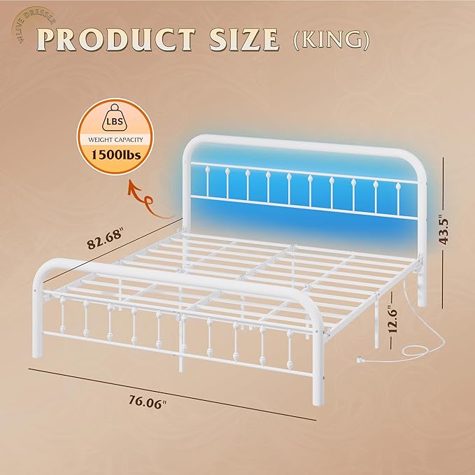 WLIVE Metal Platform Bed Frame, King Size Bed Frame with Headboard, Bed Frames with LED Lights and Charging Station, 1500LBS Mattress Foundation, Under Bed Storage, No Box Spring Needed, White