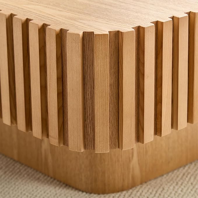 LKTART Square Coffee Table for Living Room, Accent Fluted Coffee Table with Storage, Modern Solid Wood Veneered Large Center Tea Table for Small Space Apartment (35.4''D×16''H-Natural)