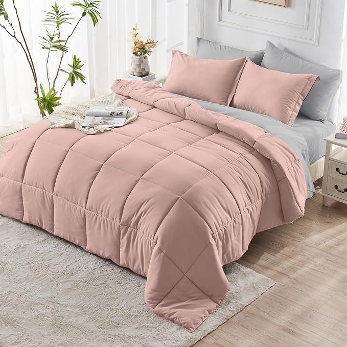 JOLLYVOGUE Twin Comforter Set, Ultra-Soft Bed in a Bag Twin Size 5 Pieces, Oeko-TEX Certified Bedding Set with Down Alternative Comforter, Sheets, Pillowcases & Shams, Pink & Light Grey