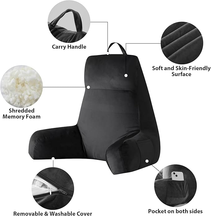 IPYNBAP Reading Pillow with Arms for Adult, Back Pillow for Bed Sitting Up, Shredded Memory Foam Backrest Pillow with Pockets & Removable Washable Cover, Lounging, Watching TV, Reading(24inch Black)