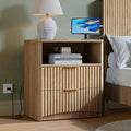 Evermagin Fluted Nightstand with Charging Station, Natural Oak Bedside Table with 2 Drawers, Wood End Table with Storage Mid Century Modern, Large Night Stand for Bedroom