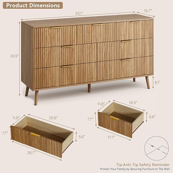 CARPETNAL Fluted 7 Drawer Dresser for Bedroom, 55" Wide Wooden Chest of Drawers with Rounded Corners, Gold Handles, Modern Storage Organizer for Bedroom, Hallway(Walnut)