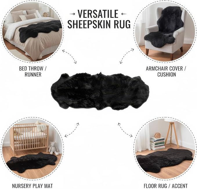 Authentic Black Sheepskin Rug 2x6 ft, Genuine Double Pelt Fluffy Fur Area Rug for Bedroom, Living Room & Home Decor, Soft Natural Sheep Skin Throw