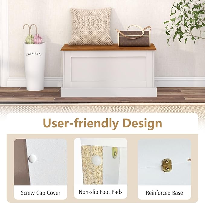 LOKO 35.5” Storage Chest, Lift Top Storage Box with Metal Hinges, Wooden Storage Bench with Safety Hydraulic Strut, Large Farmhouse Storage Trunk for Living Room, Bedroom, Entryway (White & Walnut)