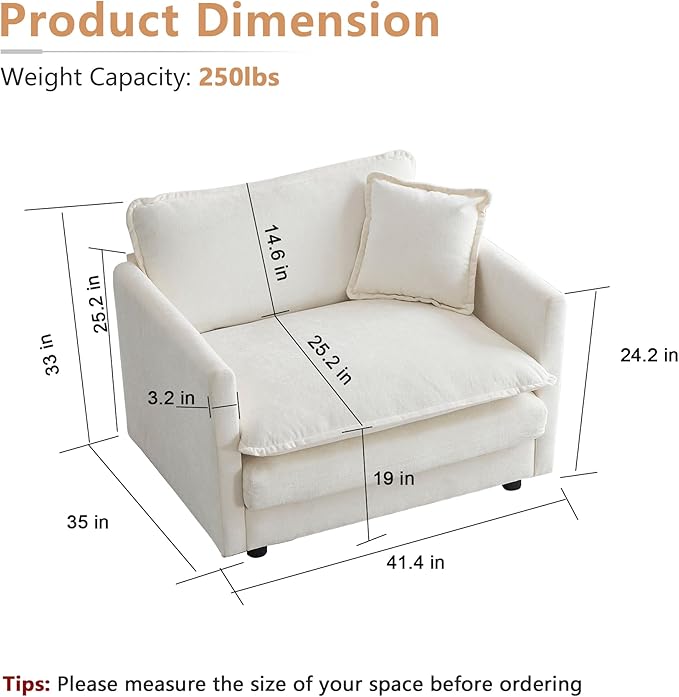 mikibama 41.4 Inch Single Seat Sofa, Chenille Comfy Deep Upholstered Couch Armchair with Toss Pillow for Living Room Bedroom Office Apartment, Beige