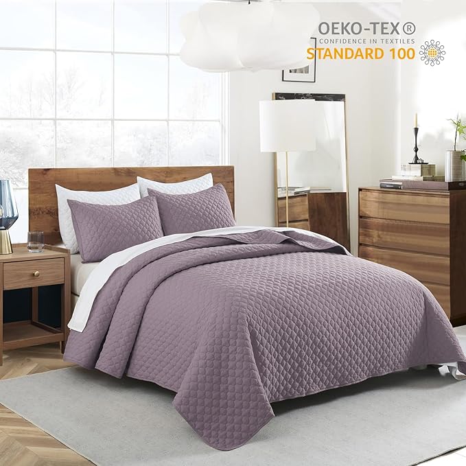 HORIMOTE HOME Quilt Queen Size Grayish Purple, Lightweight Quilts for Summer Ultra-Soft Microfiber Modern Style Quilted Clouds Pattern Bedspread Quit Set 3 Pieces(1 Quilt and 2 Pillow Shams)
