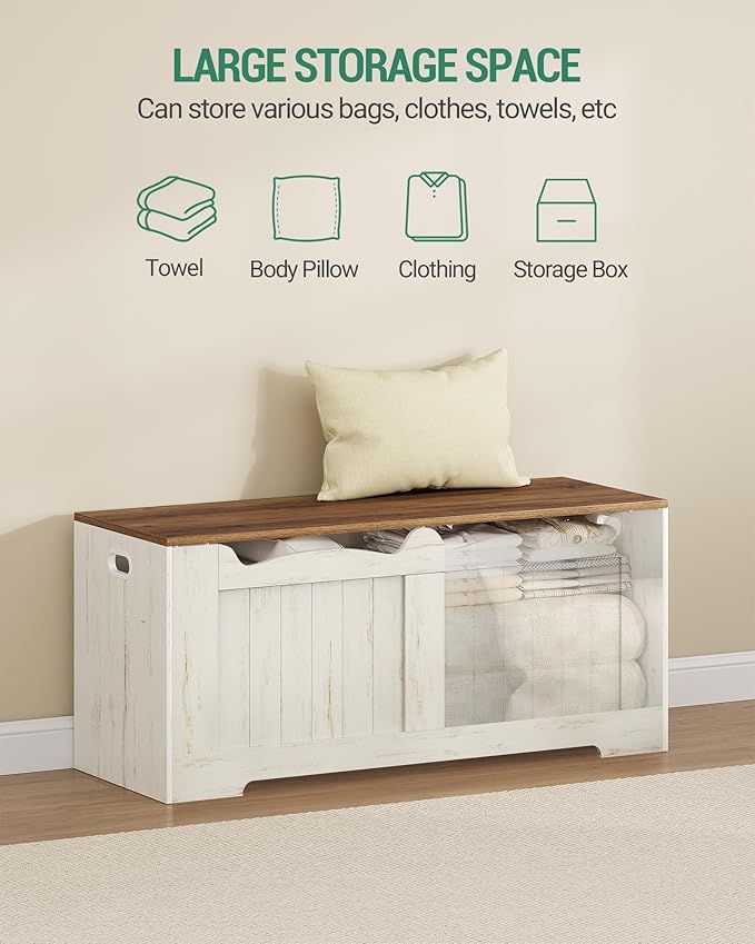Hzuaneri 43.3" Storage Chest, Extra Large Storage Bench Trunk with 2 Hinges, Wooden Box, Lift-Top Chest Organizer, Shoe Bench for Entryway, Bedroom, Living Room, White and Brown SB25514X