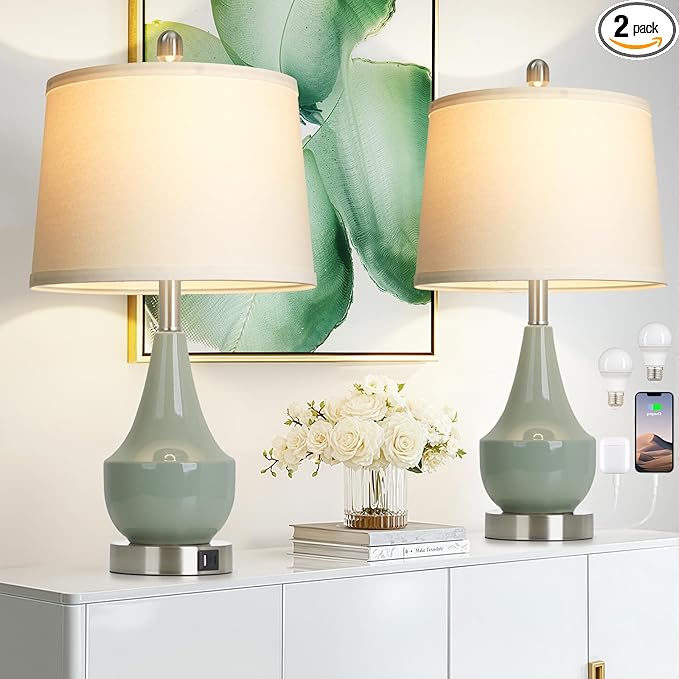 Modern Green Table Lamp Set of 2, 24" Ceramic Table Lamp with USB A+C Ports,Classic Beside Lamps Nightstand Lamp Modern Lamp for Living Room, Bedroom & Office -LED Bulbs Included