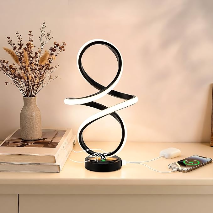 Mayful Modern Spiral Table Lamp, Bedside Lamp with USB C & A Ports, Touch Control Dimmable with 3 Color Temperatures,Unique LED Lamp for Nightstand Bedroom Office Living Room, Black