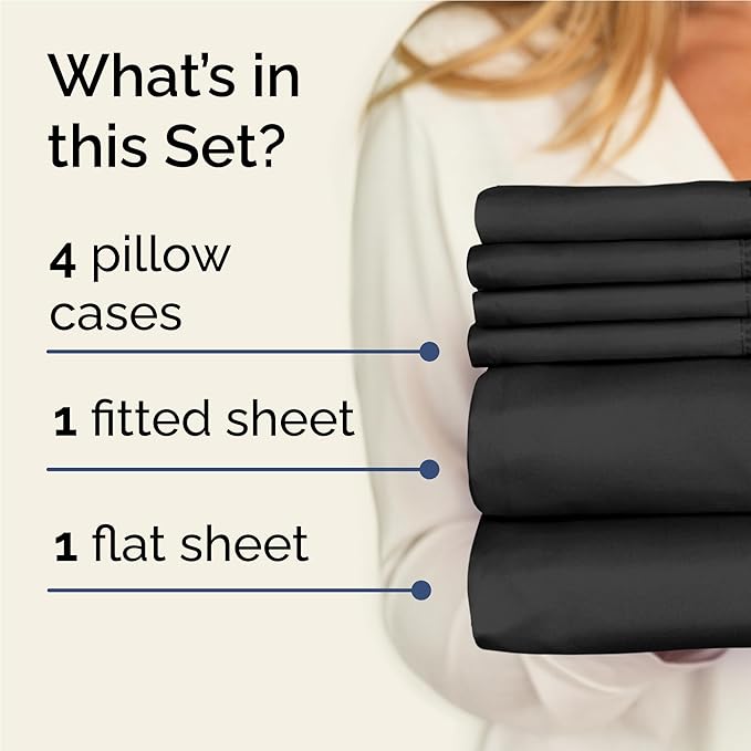 Full 6 Piece Sheet Set - Cooling, Comfy & Breathable - Hotel Luxury Bedding, Includes Fitted Sheet for Women, Men, Kids and Teens - 1 Flat, 1 Fitted Sheet, 4 Pillowcases with Deep Pockets - Black