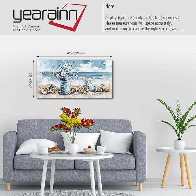 yearainn Coastal Canvas Wall Art - Rustic Jar Flowers Pictures Wall Decor Seashells Seaside Painting Artwork Ocean Landscape Prints for Living Room Bedroom Office Home Decor Ready to Hang 40" x 20"