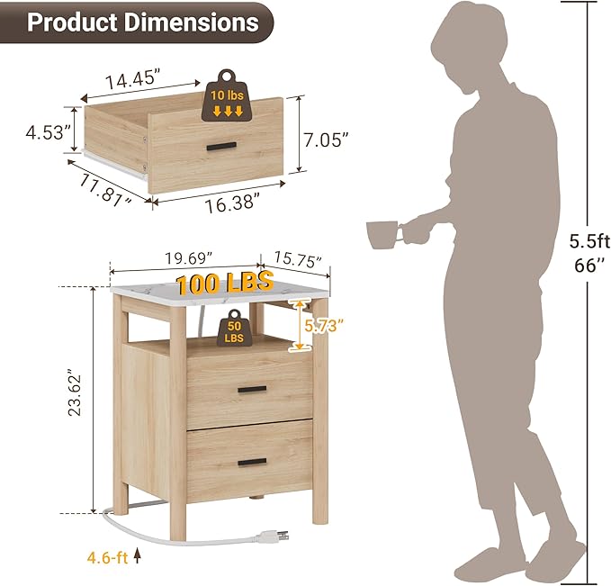 FavourLife Night Stand Set 2, 20" Wide Nightstands Set of 2, Nightstand with Charging Station & Faux Marble Top, 2 Drawer End Table with Solid Round Post Legs, Bedside Table for Bedroom, Natural Oak