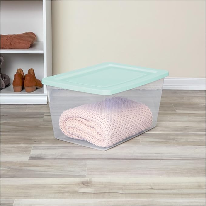 Sterilite 16 Pack Storage Boxes, Clear Plastic Stackable Containers, Lightweight Home Organizers with Snap Lids, 58 Quart, Mindful Mint