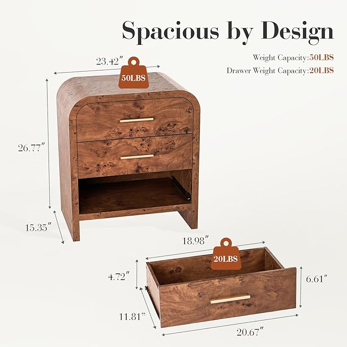 Farmhouse Nightstand Set of 2, 23.5" Curved Modern Night Stand with 3-Drawer, Bedside Table, End Table for Bedroom, Storage Cabinet for Living Room Home Office Entryway, Dark Burl