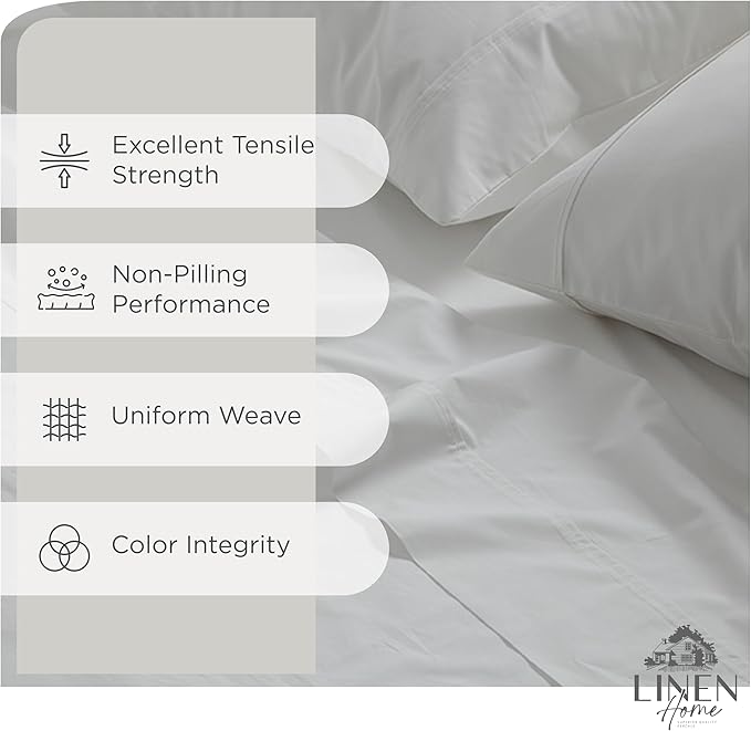 Linen Home 100% Cotton Percale Sheets Full Size, White, Deep Pocket, 4 Pieces Set - 1 Flat, 1 Deep Pocket Fitted Sheet and 2 Pillowcases, Crisp Cool and Strong Bed Linen