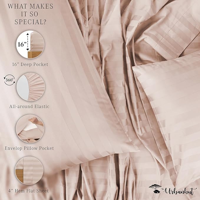 URBANHUT 800 Thread Count 100% Cotton Damask California King Size Sheets Set, 4 Piece Striped Cal King Size Bedsheets, Luxury Hotel Sheets Sateen Weave, 16" Elasticized Deep Pocket- Blush Pink