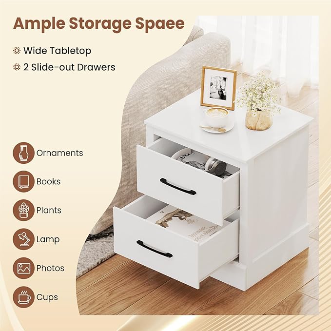 Giantex Modern Nightstand, Wood Bedside Table with 2 Storage Drawers, Compact Floor Night Stand End Table, White Accent Sofa Side Table for Bedroom