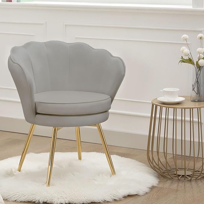 Velvet Vanity Chair with Back, Mid-Century Modern Small Accent Chair for Living Room, Golden Metal Legs Upholstered Makeup Chair, 1Pcs Bedroom Armchair, Grey