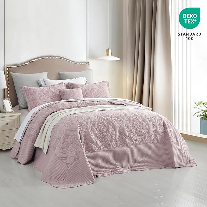 CHIXIN Oversized Bedspread Coverlet Set King Size - Lightweight Bedding Cover - Beautiful Stitching - 4 Piece Reversible Bedspread - Gorgeous Damask Paisley Pattern (King, Pale Rose)