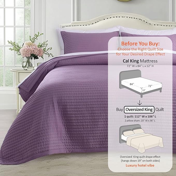 Oversized King Quilt Set 112"x106" – Soft Washed 3-Layer Lightweight California King Bedspread, Minimalist Nordic Design, All-Season Quilt Bedding (1 Quilt + 2 Pillow Shams), Grape Jam Purple