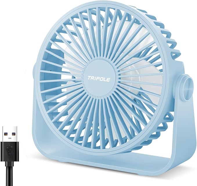 TriPole USB Desk Fan Portable Mini Fan Powerful 3 Speeds Wind Personal Desktop Fan with 360° Head Rotation for Home Office Car Indoor Outdoor Blue, No Battery, 4.5 Inches