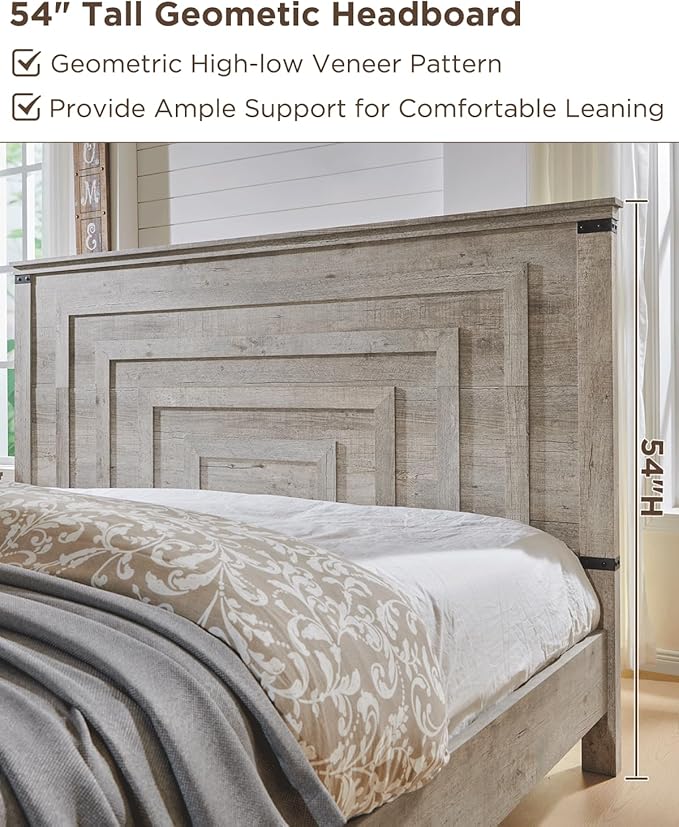 T4TREAM Farmhouse King Size Bed Frame with 54" Tall Geometric Headboard & 2 Large Storage Drawers, Rustic Wood Platform Bed with Wood Slats Support, No Box Spring Needed, Light Rustic Oak