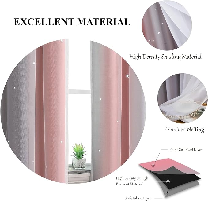 Star Curtains Blackout Curtains for Bedroom Cute Curtains Kids Curtains Rainbow Curtains, Curtains 96 Inches Long 2 Panels, Pink & Grey Curtains, 42 X 96 Inches