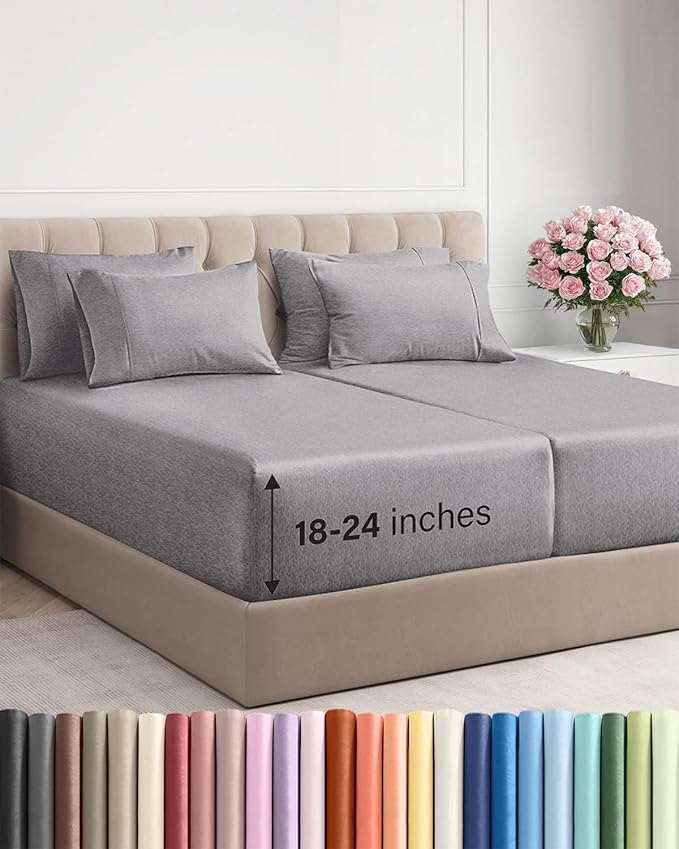 Extra Deep Split King Sheet Set - 7 Piece Breathable & Cooling Sheets - Hotel Luxury Bed Sheets Set - Easy Fit - Soft, Wrinkle Free & Comfy Sheets Set - Heathered Grey Sheet Set w/Extra Deep Pockets